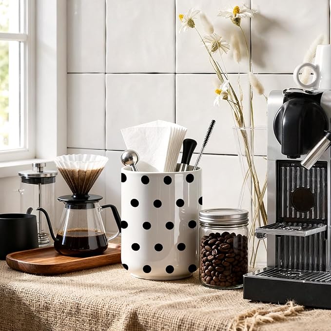 Black polka dot cutlery rack,ceramic spatula rack,countertop ceramic cutlery rack,large cooking utensil jars,countertop decorative vase, kitchen utensil storage jars,6.3 inches + 4.7 inches(polka dot)