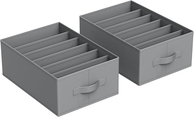 SONGMICS Set of 2 Large Size Wardrobe Clothes Organizers, 6-Compartment Foldable Drawer Organizers with Handles, 16.5 x 11.8 x 6.7 Inches, for Pants, Sweaters, Jeans, Dove Gray URUS009G02
