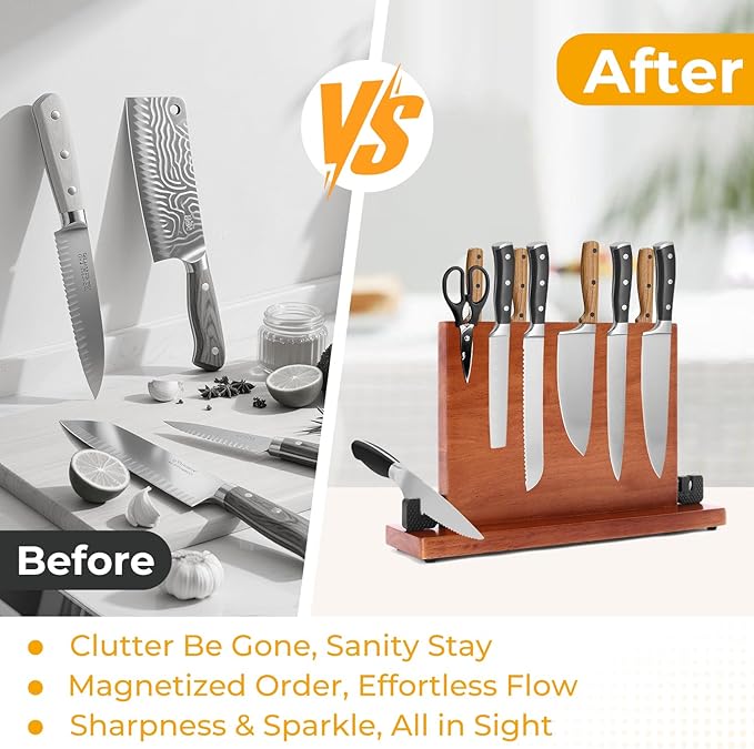 Magnetic Knife Block with Sharpener, Double-Sided Magnetic Holder & Knife Sharpening Stone,Wood Countertop Knives Block Holder,Knives Storage Organizer Rack, No Knives Included