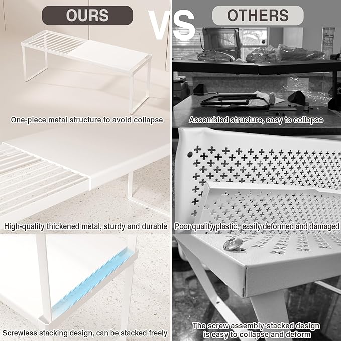 Expandable Cabinet Shelf Organizer, 2 Pack Stackable Kitchen Counter Shelf Riser, Metal Spice Rack Adjustable Heavy Duty Countertop Organizer Storage for Kitchen, Pantry, Cupboard, Rv (White)