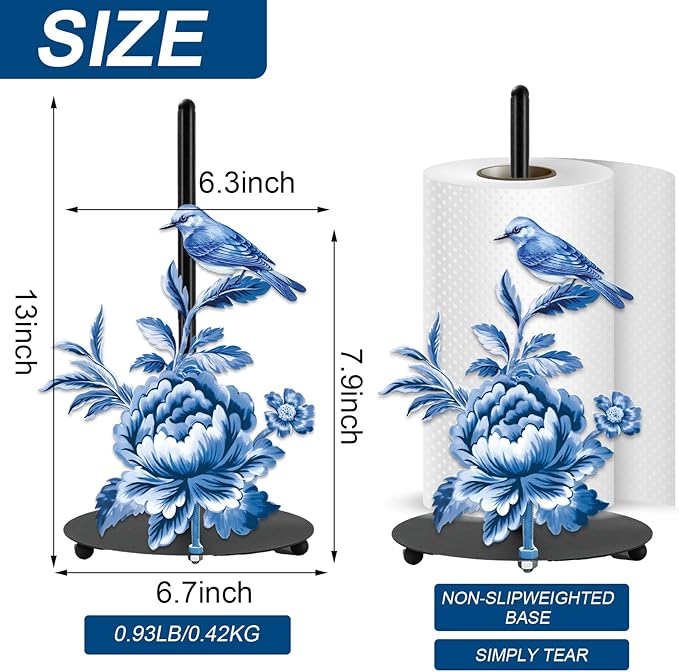 JarThenaAMCS Chinoiserie FreeStanding Paper Towel Holder Vintage Blue Floral Bird Kitchen Decor Accessories Large Metal Towel Holder Stand for Farmhouse Home Party Bathroom Countertop