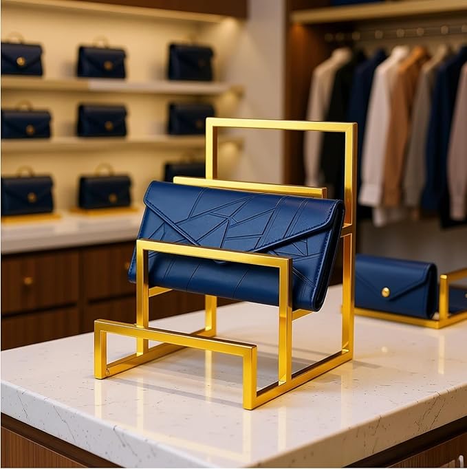 4-Tier Wallet Display Stand 2 Pack Gold , Metal Purse Organizer for Closet Countertop, Handbag Holder Rack Riser Shelf for Wallets Clutch Bags Retail Boutique Store Display
