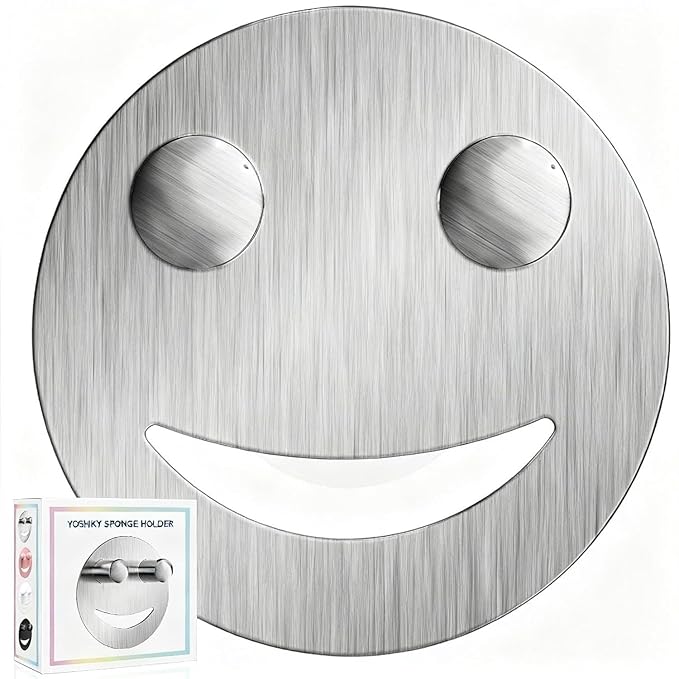 Stainless Steel Smiley Face Dish Sponge Holder, Silver Sink Caddy Organizer Storage with Suction Cup for Kitchen, Kitchen Sink Accessories Decor Scrubber Holder with Gift Box