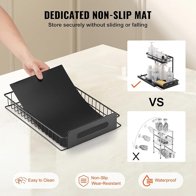VEVOR 2 Tier Pull Out Cabinet Organizer(10.7"W x 14.2"D), Under Sink Organizer and Storage, Slide Out Drawer Cabinet Organizer, Wire Basket Sliding Storage, 12.5"Wx15.5"Dx13"H Install Size for Cabinet