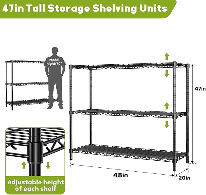 MODCART Storage Shelves, 2 PCS 48" L x 20" W x 47" H Heavy Duty Garage Wire Shelving Unit Loads 1200LBS, 3-Tier Adjustable Metal Industrial Utility Shelf Rack for Kitchen, Laundry Room, Basement