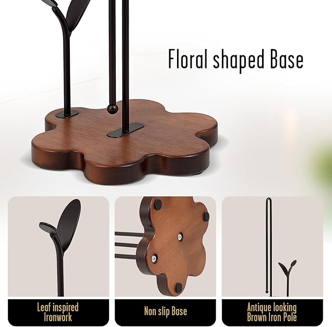 Wooden Paper Towel Holder Countertop, Floral Base with Dual Iron Rods in Antique Brown Finish, Leaf-Shaped Accent, Stable & Durable, Non Slip Pads, Elegant Kitchen/Dining Décor