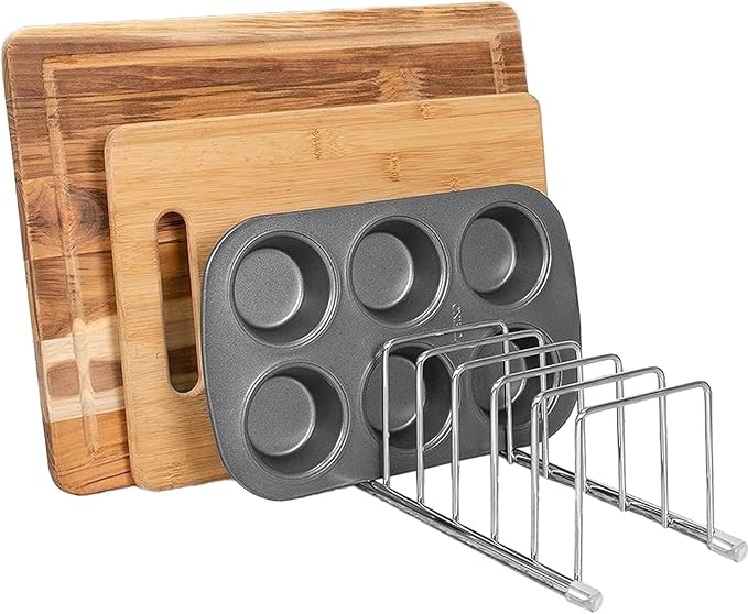 FitWell Kitchen Bakeware Organizer,Plate Racks,Rack for Plastic Lids,Cutting Boards,Cookie Sheets,Pots & Pans Holder,Compact Kitchen Storage,Cabinet Organizer (Chrome)