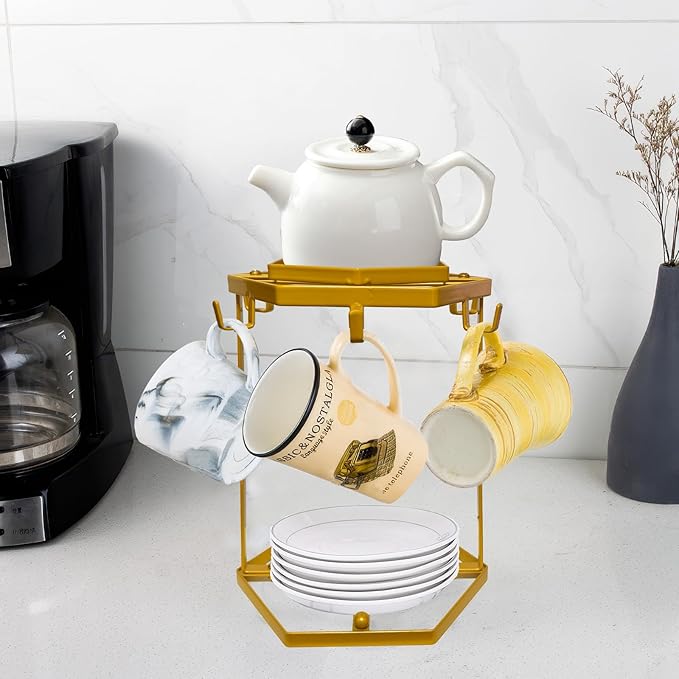 Coffee Mug Holder Countertop,Muted Golden Yellow Metal Coffee Cup Holders for Counter,Warm Dark Gold Mug Stand Rack for Counter Top 6 Hooks(Hexagon,Muted Gold)