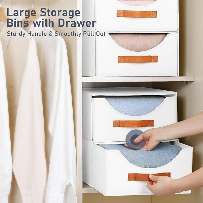 DIMJ Closet Organizers and Storage - 4 Pack Fabric Storage Bins with Drawers, Collapsible Clothes Organizers Stackable Drawers for Closet, Bedroom, Living Room, Shelf, Wardrobe