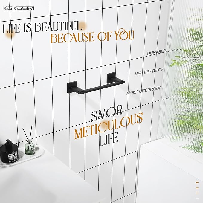 KOKOSIRI 16 Inch Bath Towel Bars Bathroom Towel Holder Towel Rail Kitchen Towel Hanger Necklace Holder Bathroom Accessories Stainless Steel Wall Mounted Matte Black B4006BK-L16