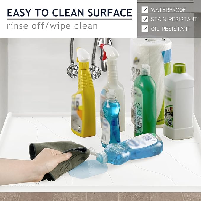 Vangostella Heavy Duty Silicone Under Sink Mats for Kitchen Waterproof 37" x 22", Extra Thick Under Sink Rubber Mat Drip Tray, Raised Edge Under Sink Liner,Prevent Drips, Leaks, Spills,White