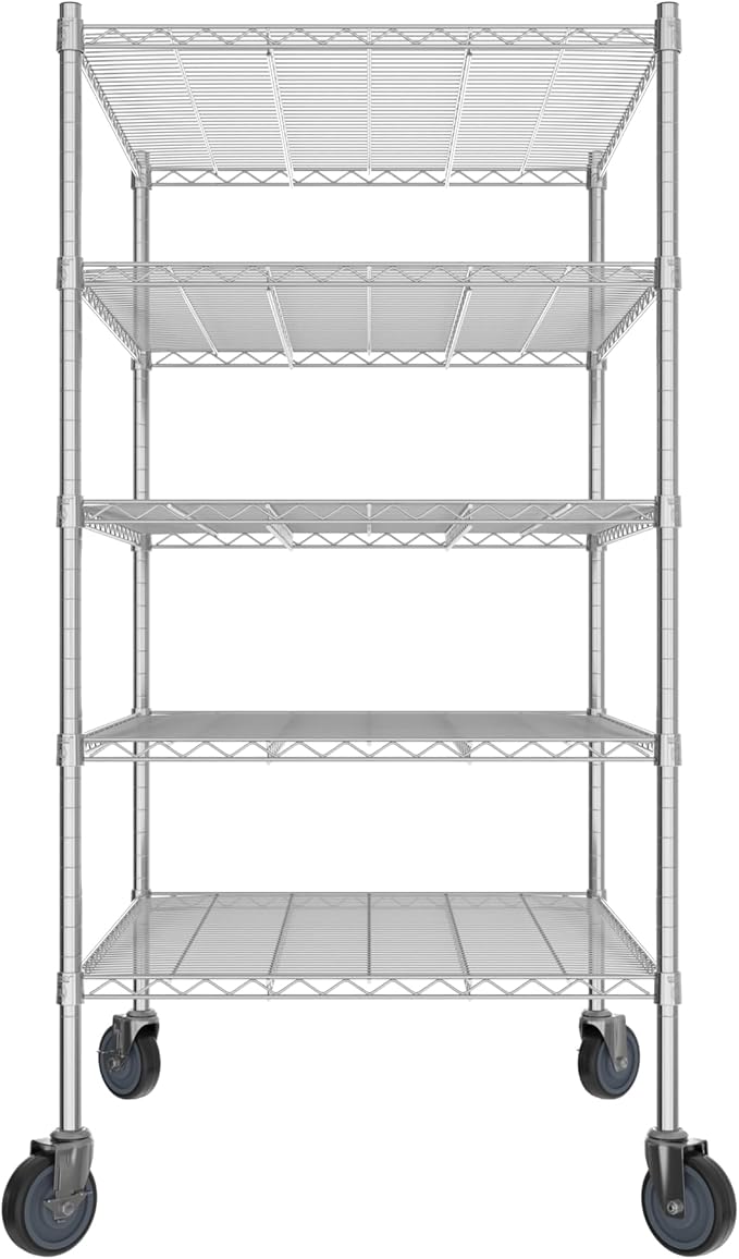 Commercial NSF Listed Chrome Mobile Wire Shelving Kit 30" x 36" x 60", with 5 Shelves Perfect for Warehouse, Walk-in Refrigerator, Freezer, Grocery Store, Restaurant, Dishroom