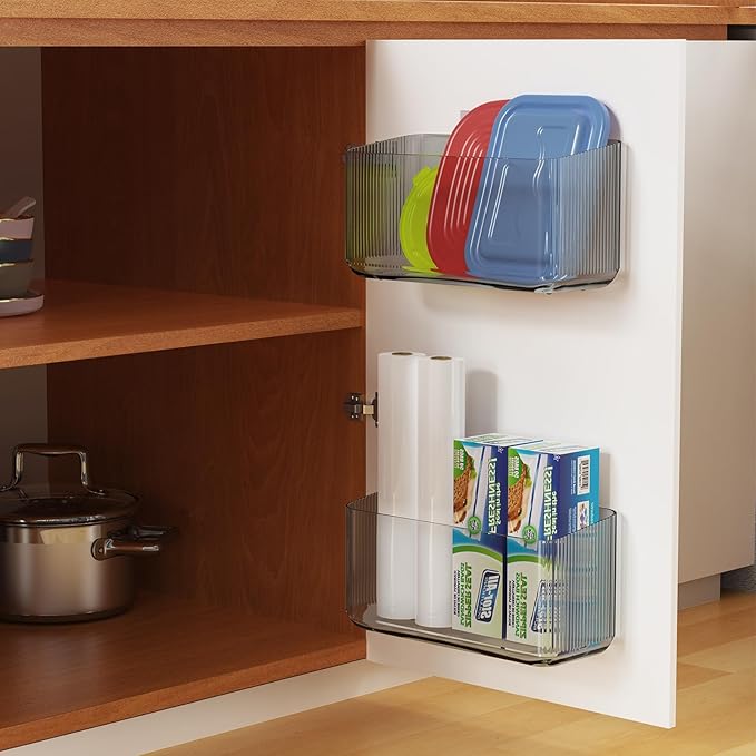2 Pack Cabinet Door Organizers - Plastic Wrap Holders for Kitchen - No Drilling Wall Door Mount - Clear Grey
