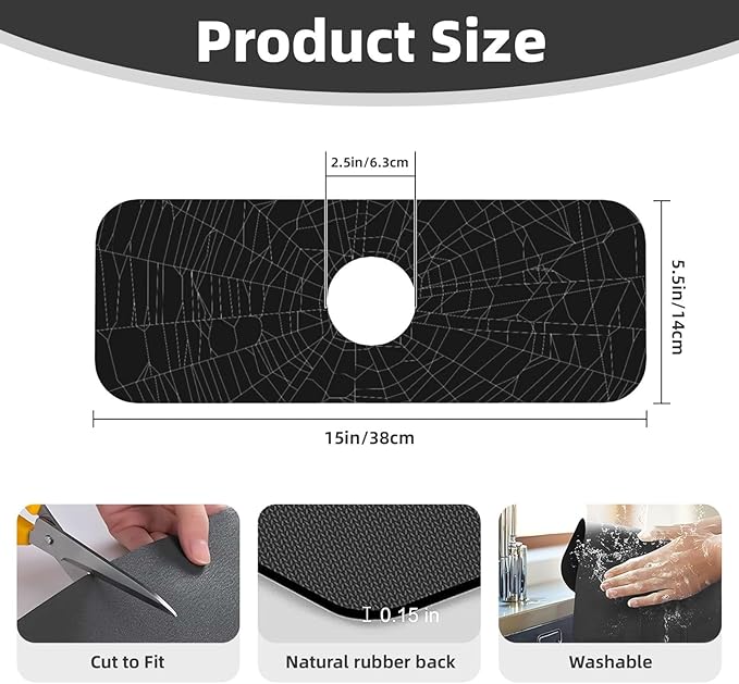 Halloween Black Spider Web Scary Kitchen Sink Splash Guard Faucet Mat 1 Pcs, Absorbent Fast Drying Mat Gadgets Splash Guard For Bathroom 15 X 5.5 Inches