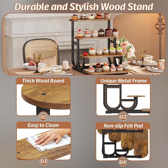 Rustic Stepped Cupcake Stand for 50 Cupcakes 4-Tier Wooden Display Stand with Metal Frame Dessert Table Riser Shelf for Part, Bakery Farmers Market or Home Decor (Rustic Brown)