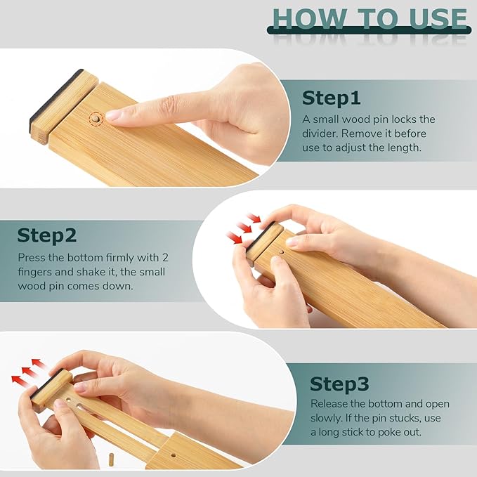 Lzerking Kitchen Drawer Dividers 6 Pack, 17-22" Adjustable Bamboo Drawer Organizers Large, Spring Loaded, Expandable Utensil Organizer, Works in Kitchen, Dresser, Closet, Bathroom, Bedroom