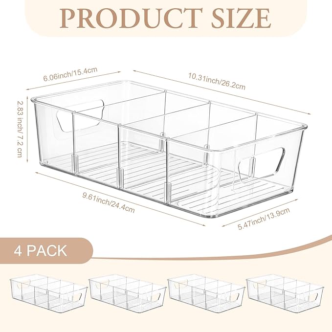 4 Pcs Pantry Organizers Bins, Clear Plastic Stackable Snack Storage Containers with 3 Dividers for Kitchen Cabinet Fridge Shelf Organization, 4 Compartment Holder