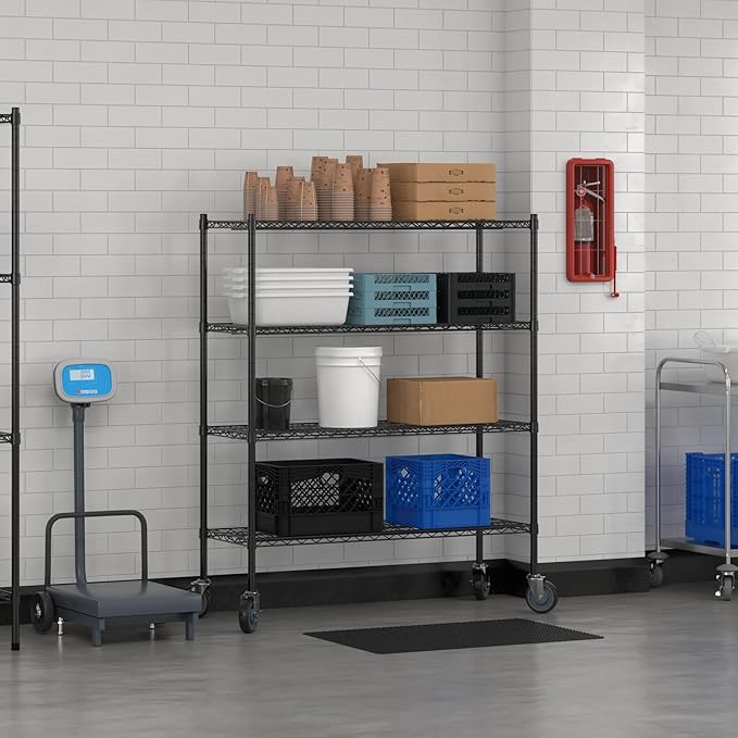 Commercial NSF Listed Black Epoxy Mobile Wire Shelving Kit 18" x 48" x 60", with 4 Shelves Perfect for Warehouse, Walk-in Refrigerator, Freezer, Grocery Store, Restaurant, Dishroom