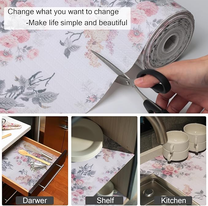 Amiitay Drawer and Shelf Liner for Cabinets, 12IN x 20FT Non-Adhesive and Strong Non-Slip Vintage Floral Shelf Cabinet Drawer Liners for Kitchen,Table,Bookshelves,Waterproof Cupboard Liners