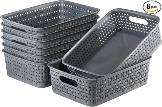 8 Pack Small Pantry Organization and Storage Bins - Household Organizers for Laundry Room, Bathrooms, Bedrooms, Kitchens, Cabinets, Countertops, Under Sink or On Shelves (Gray)