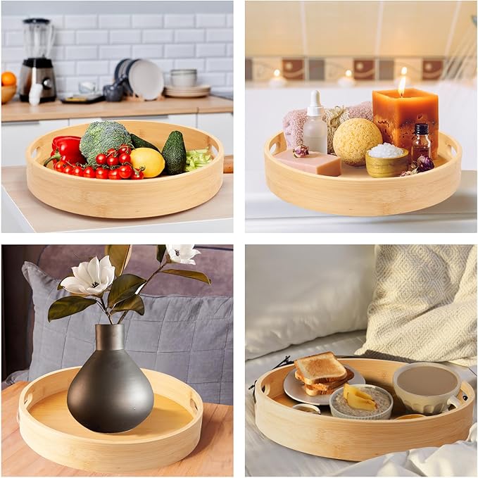14in Bamboo Lazy Susan Pantry Organizer and Storage for Countertop and Spice Organization for Cabinet Round Rotating Serving Tray Turntable Seasoning Organizer for Kitchen Table Top