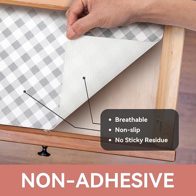 RAY STAR Shelf Liners for Kitchen Cabinets Non-Adhesive, 18 Inch X 8 Feet Cabinet Liners for Shelves Non Slip Grip Bottom Drawer Pantry Liner Gingham Checkered Grey (3 Rolls) Signature DELIVERY