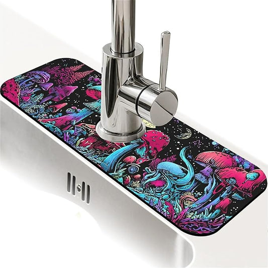 Kitchen Sink Splash Guard，Magical mushrooms plants Faucet Mat Sink Gadgets-Super Absorbent Fast Drying Mat Drip Catcher for Kitchen, Bathroom,Sink Mat, Dish Drying Mat, Bathroom(15" X 5.5" )