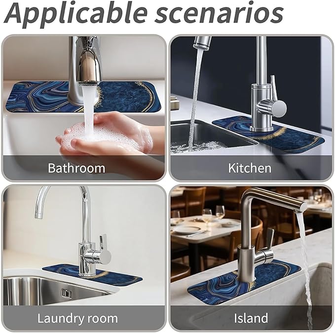 Kitchen Sink Splash Guard，Dark blue gold marble Faucet Mat Sink Gadgets-Super Absorbent Fast Drying Mat Drip Catcher for Kitchen, Bathroom,Sink Mat, Dish Drying Mat, Bathroom(15" X 5.5" )