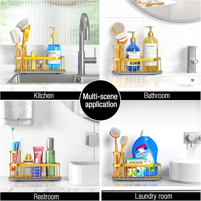 LARGE Kitchen Sink Caddy Organizer,[FLEXIBLE PLACEMENT & FAST-DRYING] Sponge Holder for Kitchen Sink Countertop with High Brush Holder-Rustproof 304 Stainless Steel-9.84"L x 4.72"W x 5.83"H