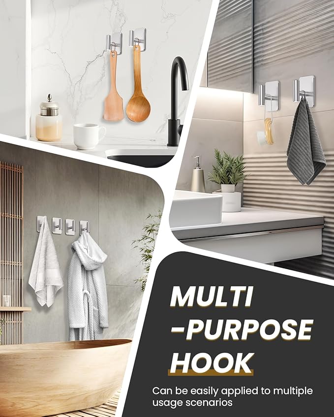 Eowihor Heavy Duty Adhesive Hooks - 26lb Max, Sticky Wall Hooks Waterproof Stainless Steel for Hanging Towel, Coat, Robe, Towel Hooks Stick on Bathroom, Kitchen, Shower, Door (Silver, 4 Pack)