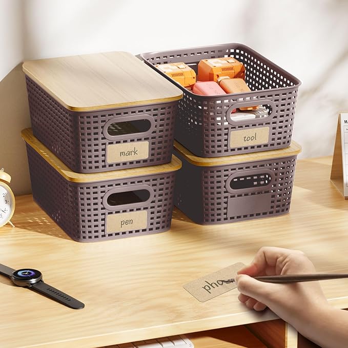 Plastic Storage Bins with Bamboo Lid - Pantry Storage Baskets with Lid - Stackable Container with Lable for Organizing: Small Storage Box for Shelves Office Cabinet Drawer Closet 9x7x4 In - White 6Pcs