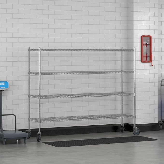 Commercial NSF Listed Chrome Mobile Wire Shelving Kit 18" x 72" x 60", with 4 Shelves Perfect for Warehouse, Walk-in Refrigerator, Freezer, Grocery Store, Restaurant, Dishroom