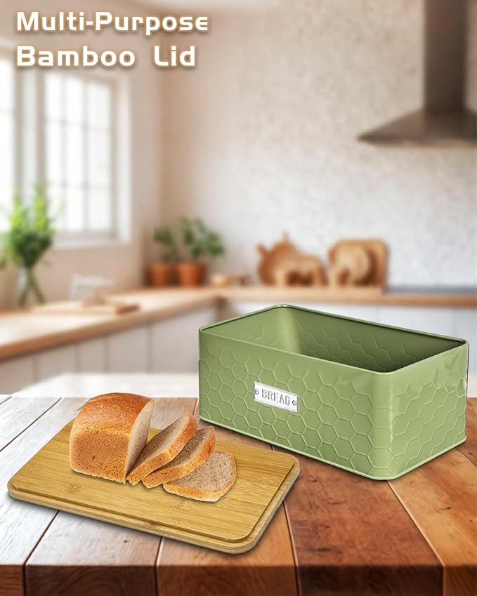 vensovo Bread Box for Countertop – Large Green Metal Bread Bin with Bamboo Cutting Board Lid, Farmhouse Bread Storage Container for Homemade Bread, Baked Goods & Kitchen Counter Organization