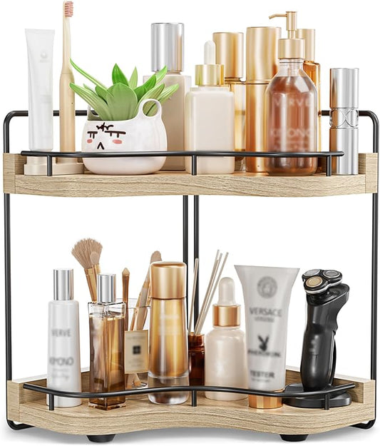 2-Tier Corner Bathroom Counter Organizer with Embedded Screw Holes, Secure & Stable Wood Vanity Shelf for Makeup and Skincare Essentials - Space Saving Bathroom Countertop Storage