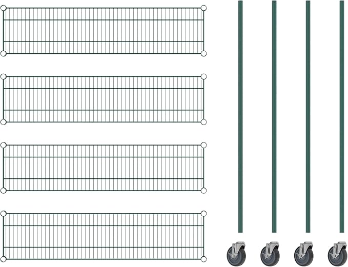 Commercial NSF Listed Green Epoxy Mobile Wire Shelving Kit 12" x 48" x 60", with 4 Shelves Perfect for Warehouse, Walk-in Refrigerator, Freezer, Grocery Store, Restaurant, Dishroom