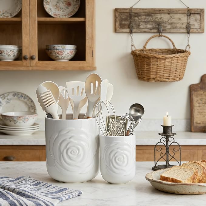 Large Utensil Holder Set of 2, 7.5"+ 5.5" - Ceramic Kitchen Countertop Utensil Crock for Spatulas, Spoons & Cooking Tools, Farmhouse Kitchen Counter Decor, White Rose
