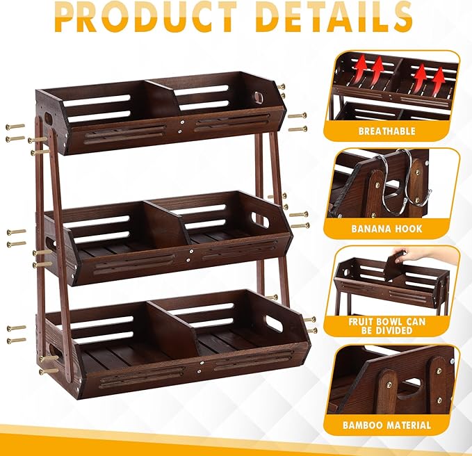 3 Tier Fruit Basket for Kitchen Counter Fruit Storage Large Wood Vegetables Basket with Banana Hooks Bowl Stand Holder Snack Organizer Countertop Onion Bread Pantry