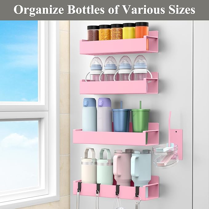 HuggieGems Magnetic Water Bottle Holder for Refrigerator, Cup Holder Organizer for Stanley and Tumbler for Kitchen, 4 Pack, Pink