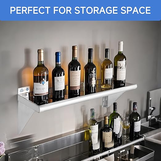 ROCKPOINT Stainless Steel Shelf 10 x 36 Inches 240lb, 2 Pack NSF Metal Commercial Shelves Wall Mount Floating Shelving with Backsplash for Restaurant, Kitchen, Home and Hotel, Silver
