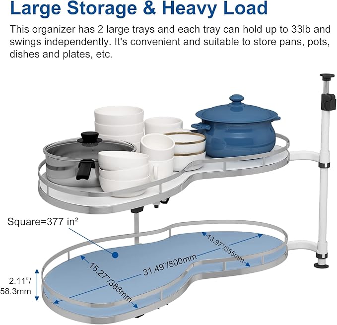VADANIA Left Swing Pull Out Organizer for 36" Blind Corner Kitchen Cabinet, 2 Tiers Swing Tray, Soft Close, Left Handed Open