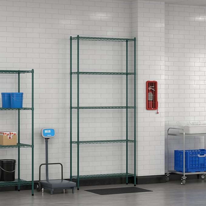 Commercial NSF Listed Green Epoxy Stationary Wire Shelving Kit 12" x 42" x 96", with 5 Shelves Perfect for Warehouse, Walk-in Refrigerator, Freezer, Grocery Store, Restaurant, Dishroom