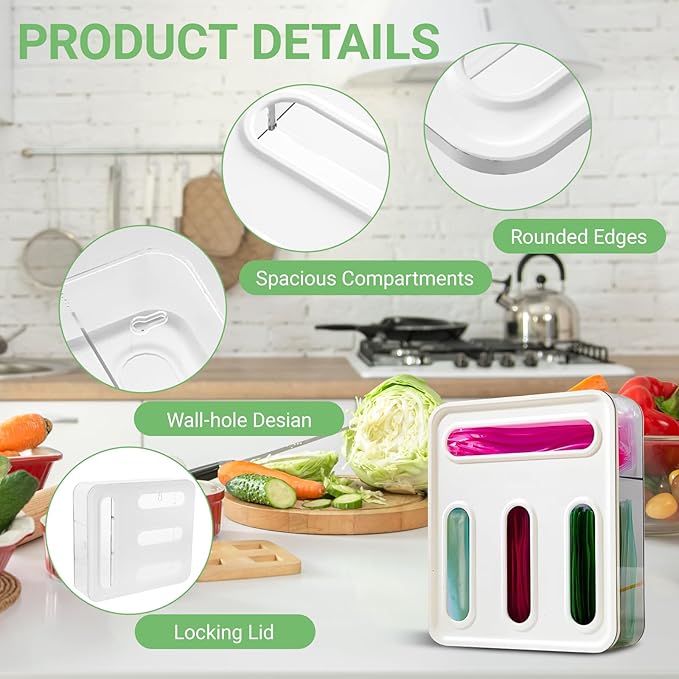 Food Storage Bag Organizer, 4 in 1 Plastic Sandwich Bag for Kitchen Storage, Holds Gallon, Quart, Sandwich, Snack & Slider Bags, Wall Mount & Drawer Baggie Organizer, BPA Free, White, Local Stock-2pcs