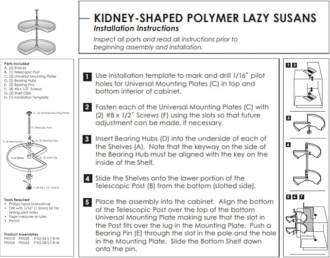 KV Lazy Susan Kidney Shaped 2 Polymer Shelves 24" (Set) White