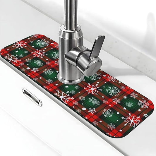 Merry Christmas Snowflakes Red Green Lattice Plaid Kitchen Sink Splash Guard Faucet Mat 1 Pcs, Absorbent Fast Drying Mat Gadgets Splash Guard For Bathroom 15 X 5.5 Inches