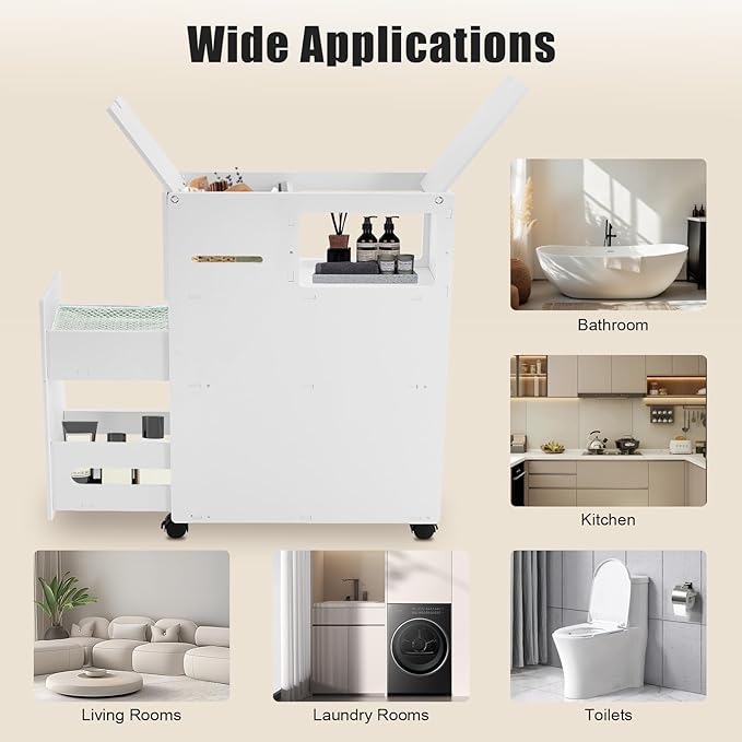 Bathroom Storage Cabinet, Storage Cabinet with Drawers, Movable Narrow Toilet Side Cabinet w/2 Slide Out Drawers, 2 Rattan Baskets & Shelves, Toilet Paper Holder on Wheels for Small Spaces