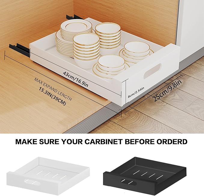 2 Pack Cabinet Organizer, 16.9" Deep Pull Out Drawers for Cabinets, Pull Out Cabinet Organizer Adhesive Heavy Duty Carbon Steel, 10'' Wide Kitchen Cabinet Organizer, Pantry Organizers