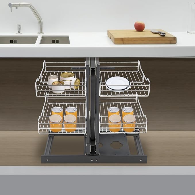 Blind Corner Cabinet Pull Out Left & Right, 2 Tier 4 Basket Cabinet Organizer, Slide Out Storage Organizer, Iron Corner Cabinet Tier Space Adjustable 24.8x19.68x23.22 In(Pull Out Left & Right, Style4)