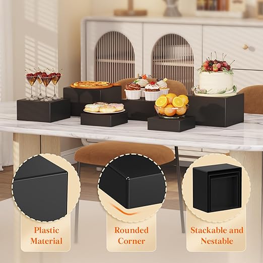 Lifewit 6 PCS Buffet Risers and Stands, Food Risers for Buffet Table, Catering Dessert Cake Holder for Party, Collectibles Jewelry Display Shelf, Nesting Cube Boxes, Black, (6",7",7.8")