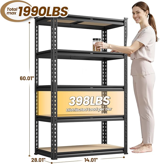 5-Tier Storage Shelves, 1990LBS Adjustable Pantry Shelves, Metal Shelving Unit for Kitchen, Pantry, Closet, Laundry,Garage, 60.01" H x 28.01" W x 14.01" D