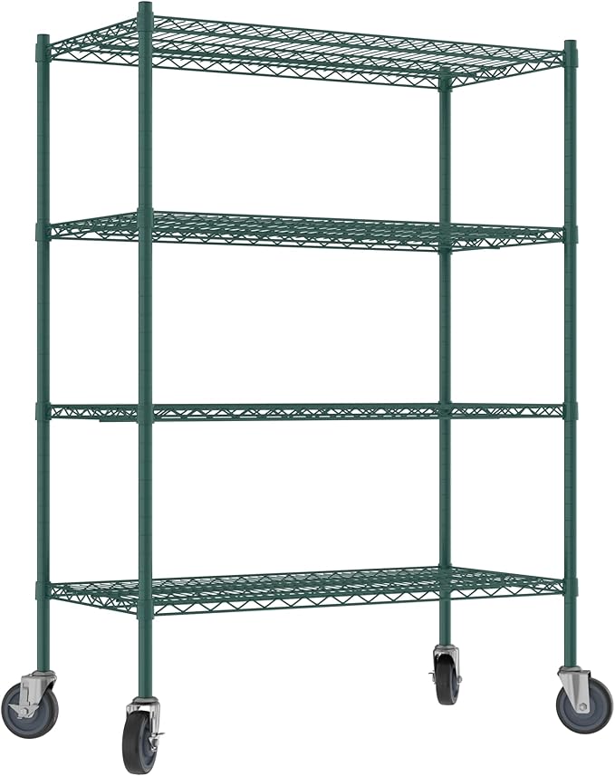 Commercial NSF Listed Green Epoxy Mobile Wire Shelving Kit 21" x 42" x 60", with 4 Shelves Perfect for Warehouse, Walk-in Refrigerator, Freezer, Grocery Store, Restaurant, Dishroom